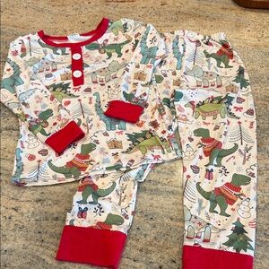 Christmas Dinosaur Print Kids Pajamas with Red Accents